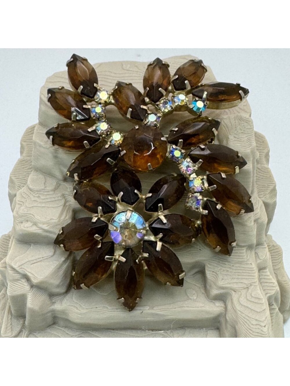Vintage Dark Amber Glass Rhinestone Floral Brooch Aurora Borealis AB GoldTone 3"